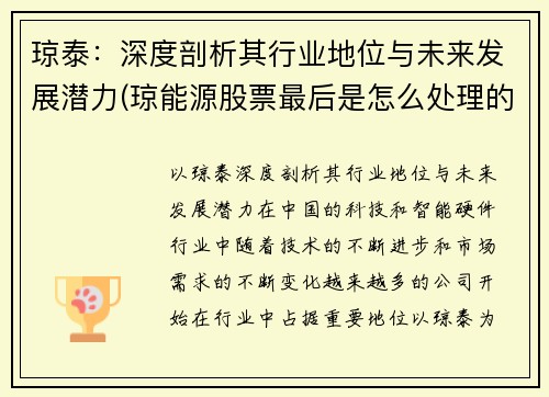 琼泰：深度剖析其行业地位与未来发展潜力(琼能源股票最后是怎么处理的)