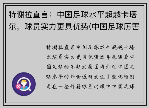 特谢拉直言：中国足球水平超越卡塔尔，球员实力更具优势(中国足球厉害)