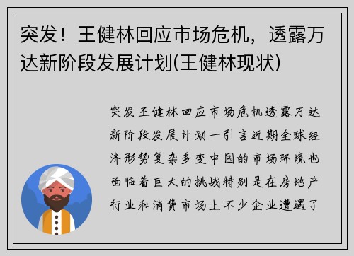 突发！王健林回应市场危机，透露万达新阶段发展计划(王健林现状)