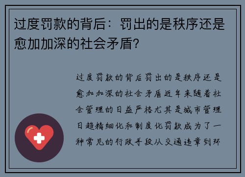 过度罚款的背后：罚出的是秩序还是愈加加深的社会矛盾？