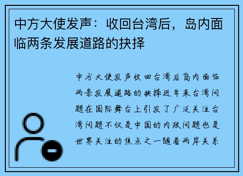 中方大使发声：收回台湾后，岛内面临两条发展道路的抉择