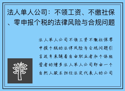 法人单人公司：不领工资、不缴社保、零申报个税的法律风险与合规问题