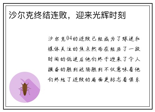 沙尔克终结连败，迎来光辉时刻