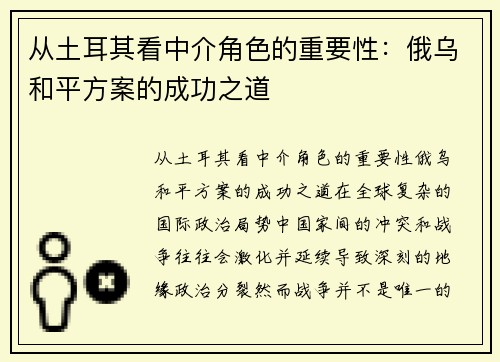 从土耳其看中介角色的重要性：俄乌和平方案的成功之道