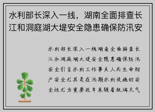 水利部长深入一线，湖南全面排查长江和洞庭湖大堤安全隐患确保防汛安全