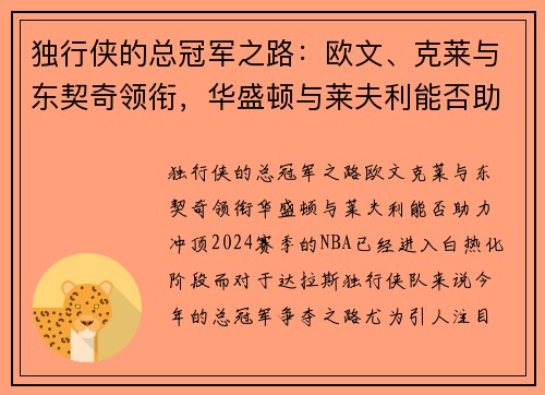 独行侠的总冠军之路：欧文、克莱与东契奇领衔，华盛顿与莱夫利能否助力冲顶