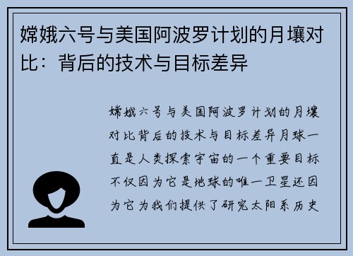 嫦娥六号与美国阿波罗计划的月壤对比：背后的技术与目标差异